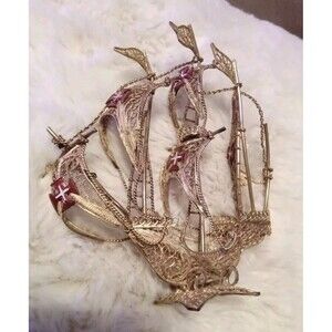 Vintage Wirework Sailing Ship Figures Portuguese Galleons Enamal Crosses